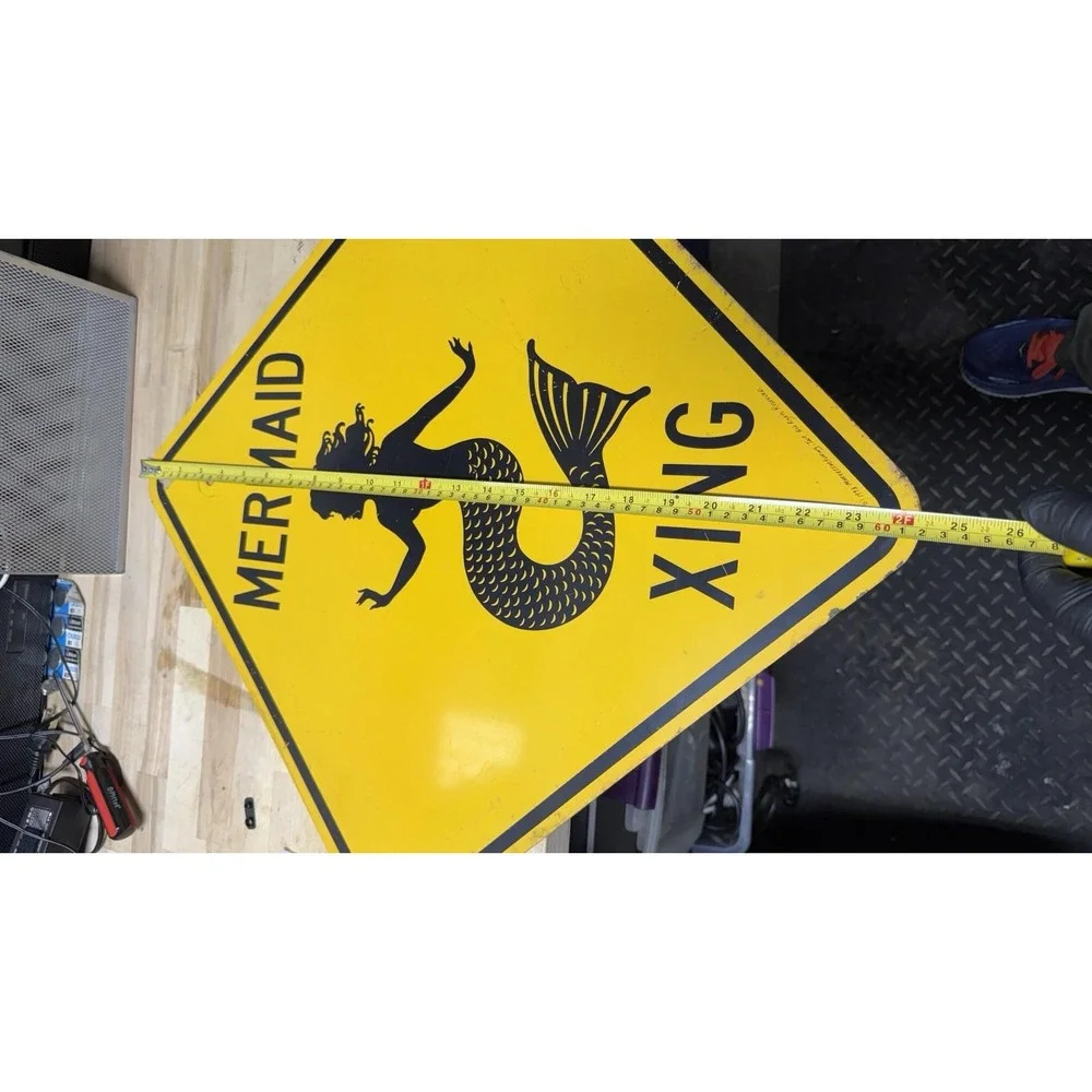Vintage‎ Mermaid Xing Metal Road Sign Yellow 18x18 1993 Nautical Decor